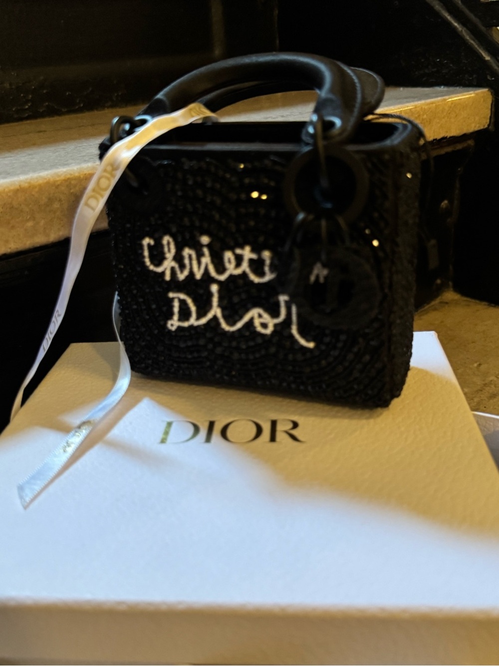 Dior Black Mini Beaded Bag with White Script